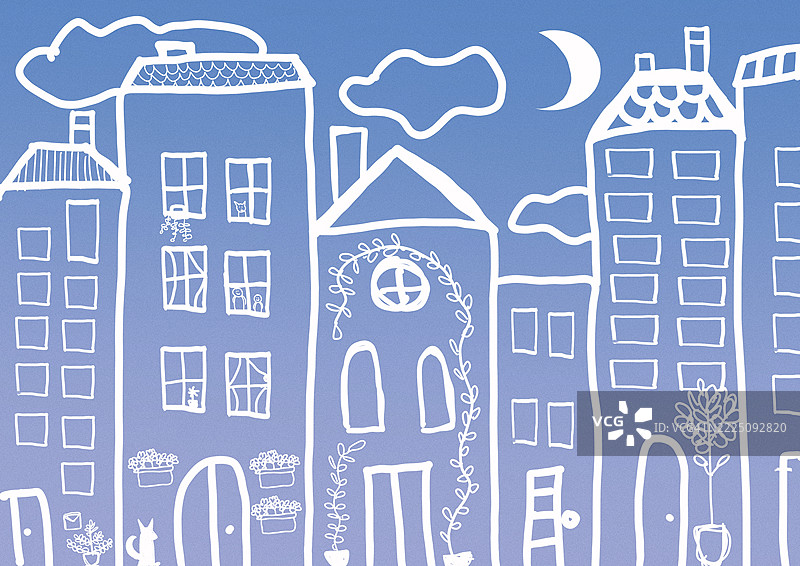 梦幻城市风景插图，建筑在夜空下图片素材