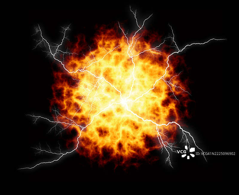 带有火焰和闪电的能量球在黑色背景上移动。图片素材