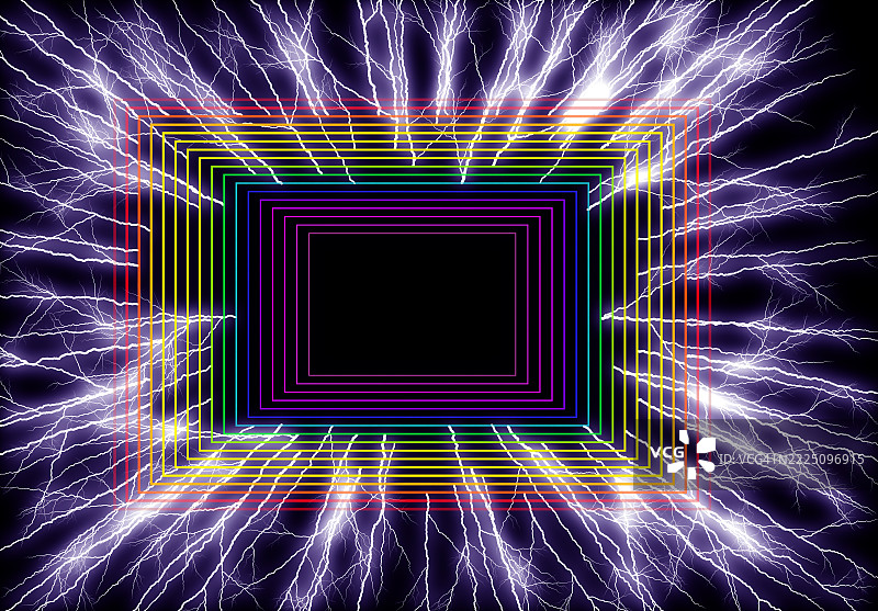 带有消失点效果和明亮闪电放电的方形形状抽象背景。图片素材