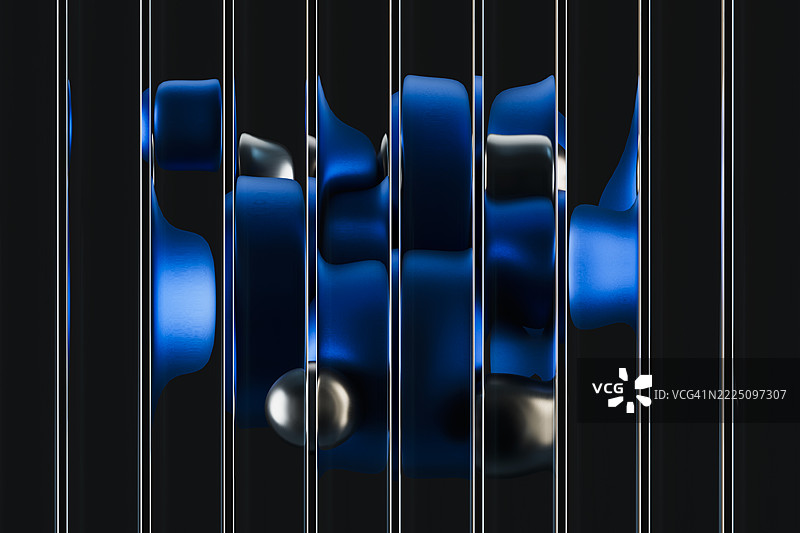 蓝色波纹玻璃与金属反射的抽象3D设计图片素材