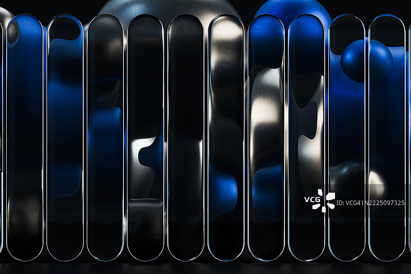 蓝色和金色调的波纹玻璃和金属元素的抽象3D构图图片素材