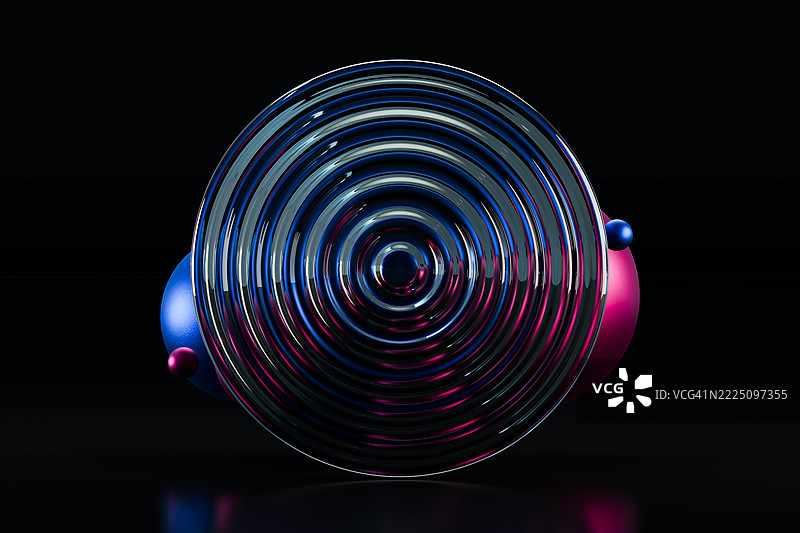 黑色背景上带有粉色和蓝色同心圆的抽象3D玻璃设计图片素材