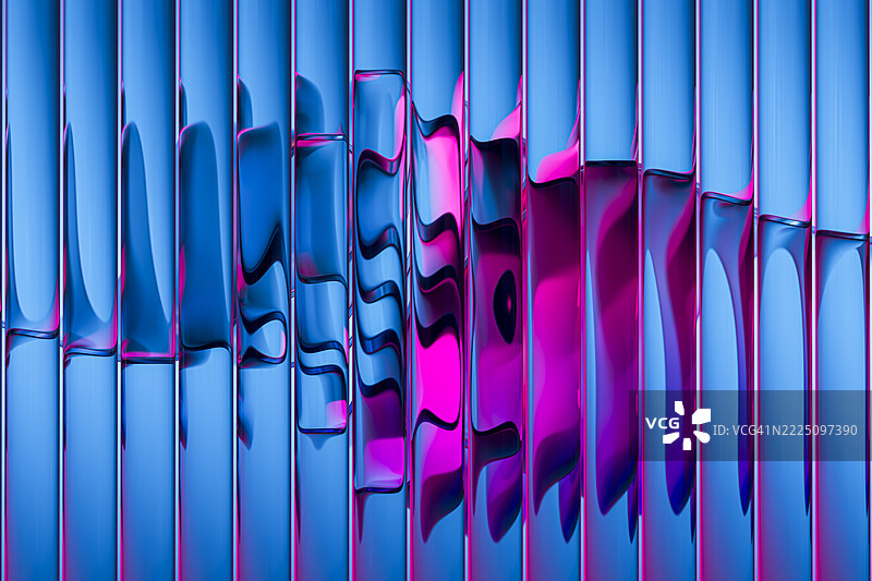 抽象的波纹玻璃设计，带有粉色和蓝色的波浪及反射图片素材