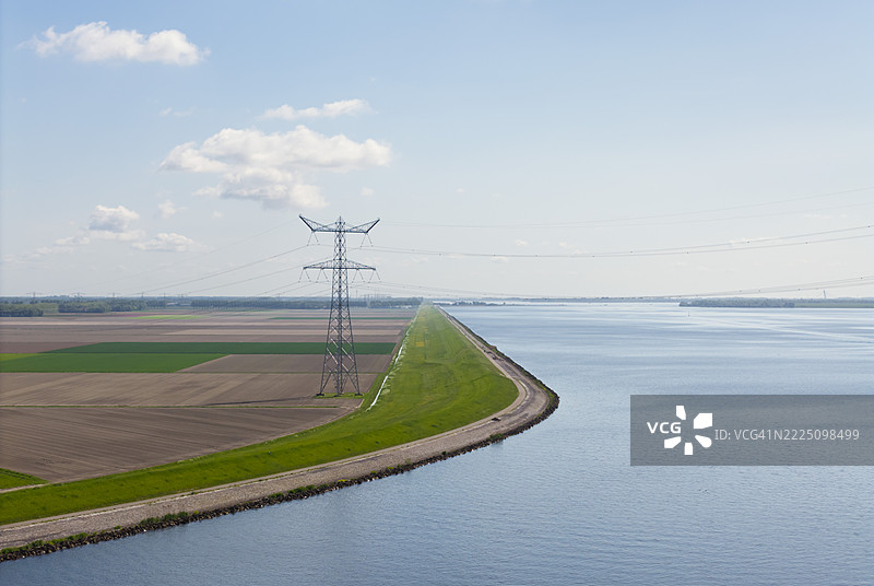 荷兰诺尔多斯特波尔德新建土地上的电力塔图片素材