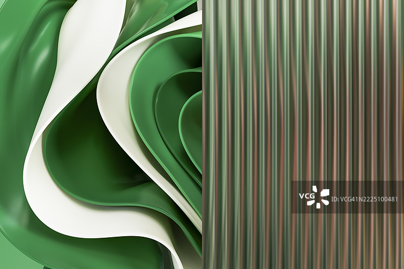 带有绿色和白色曲线及波纹玻璃面板的抽象3D设计图片素材
