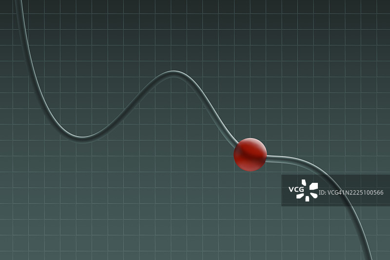 3D渲染的图表，红色球体在位于曲线上的网格背景前图片素材