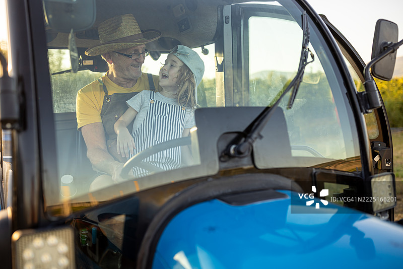 爷爷和孙子在有机农场的拖拉机上图片素材