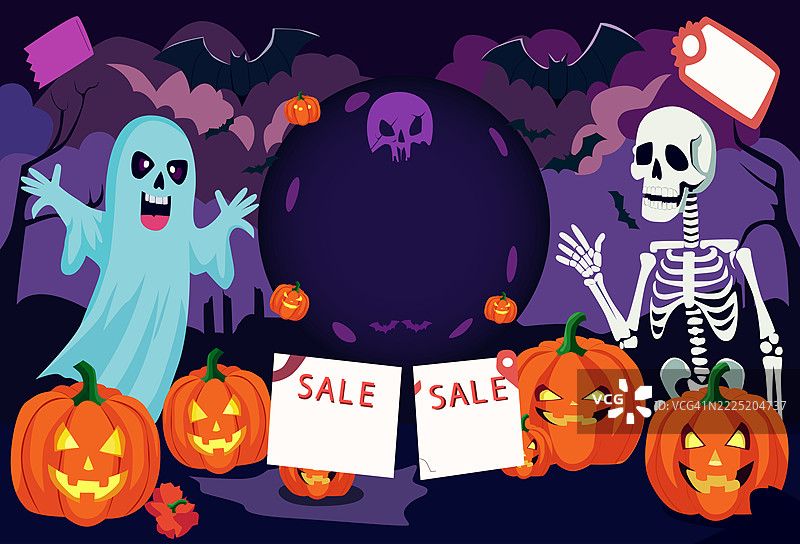 万圣节促销背景，带有鬼魂、骷髅和南瓜图片素材