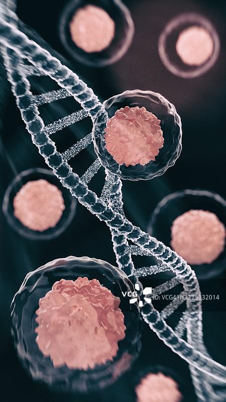 干细胞与DNA螺旋相互作用的垂直视图，展示先进的基因研究和生物技术图片素材
