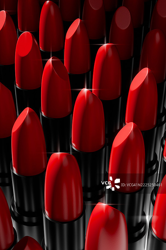 三维生动的红色口红以时尚的图案排列，突出其光泽质感和丰富色彩。时尚、美容的垂直背景。化妆品。非常适合化妆行业的视觉效果。护肤。图片素材
