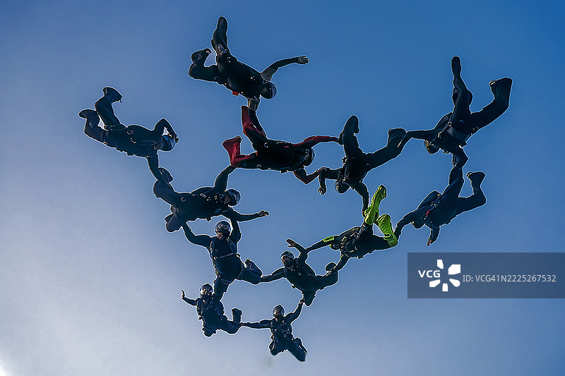 一大群跳伞者正在进行编队飞行图片素材