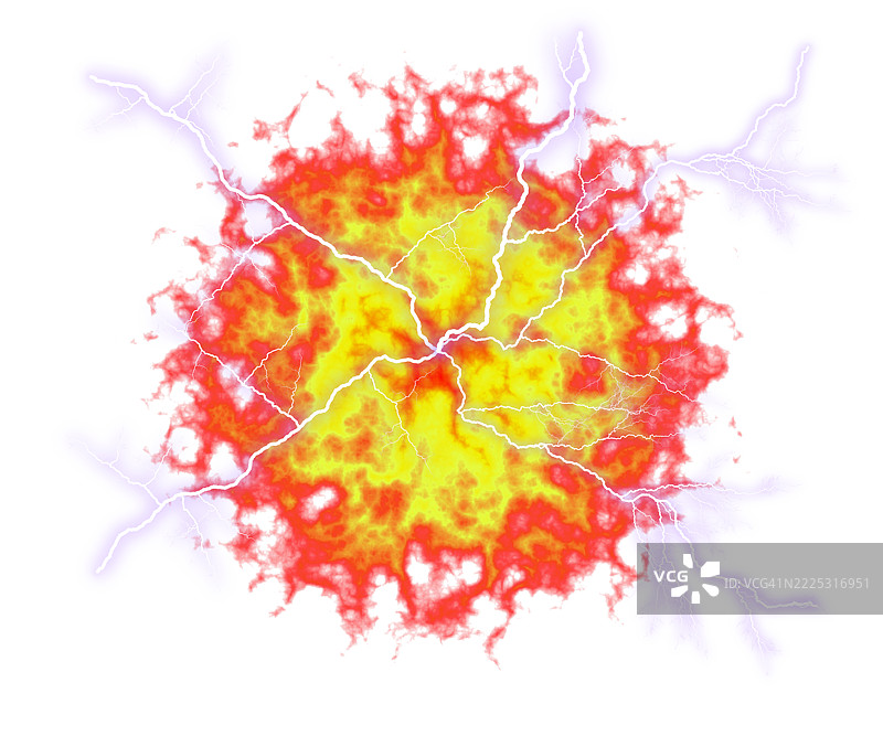 带有闪电般电流放电的白色背景上的白炽能量球。图片素材
