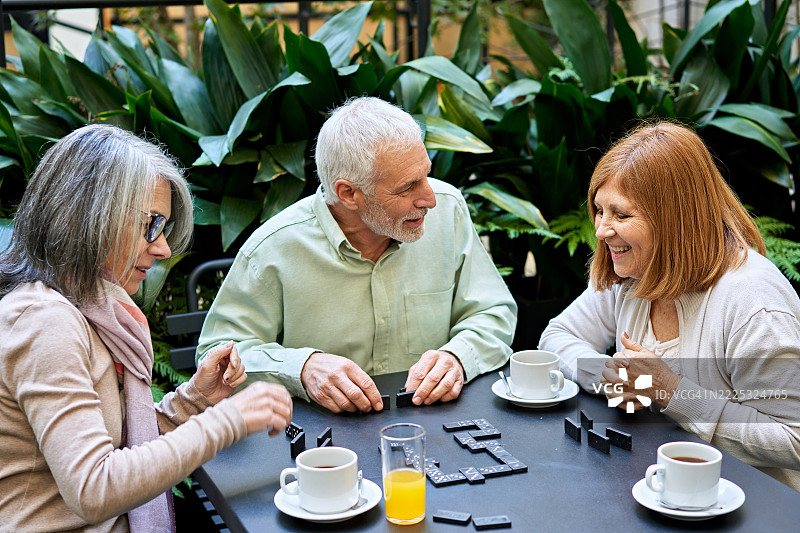 朋友们在轻松的社交聚会上享受多米诺游戏图片素材