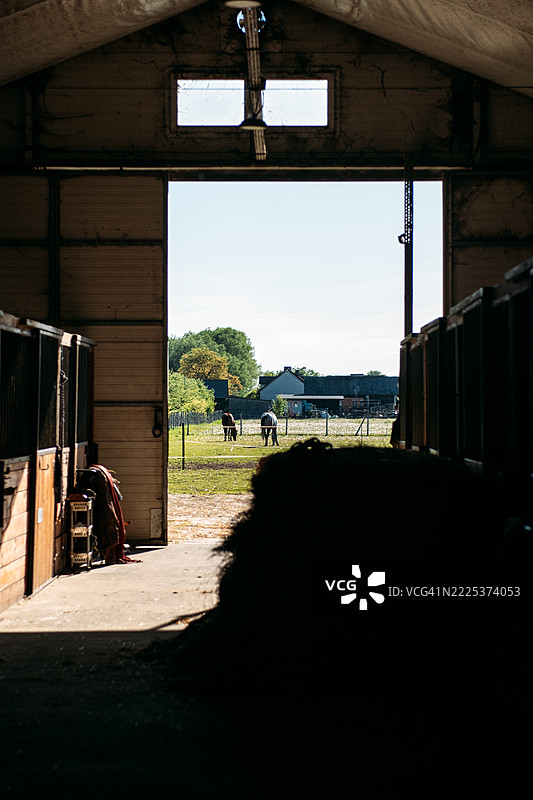 从昏暗的马厩望向阳光明媚的牧场，两匹马在农舍附近吃草。农场住宿生活方式，乡村旅游，乡村风格的住宿，谷仓氛围，乡村魅力图片素材