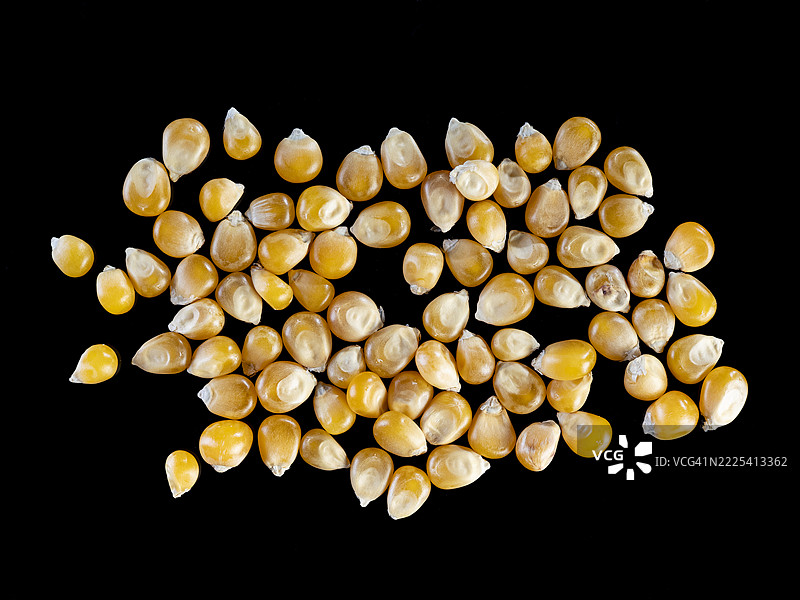 黑色背景上的爆米花玉米粒。图片素材