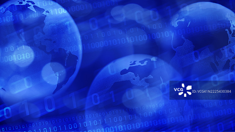 蓝色背景的世界地球仪，上面叠加着二进制数字图片素材