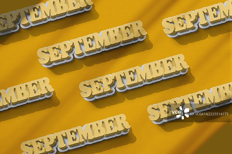 3D渲染的“九月”一词，采用粗体现代排版，背景无缝。图片素材
