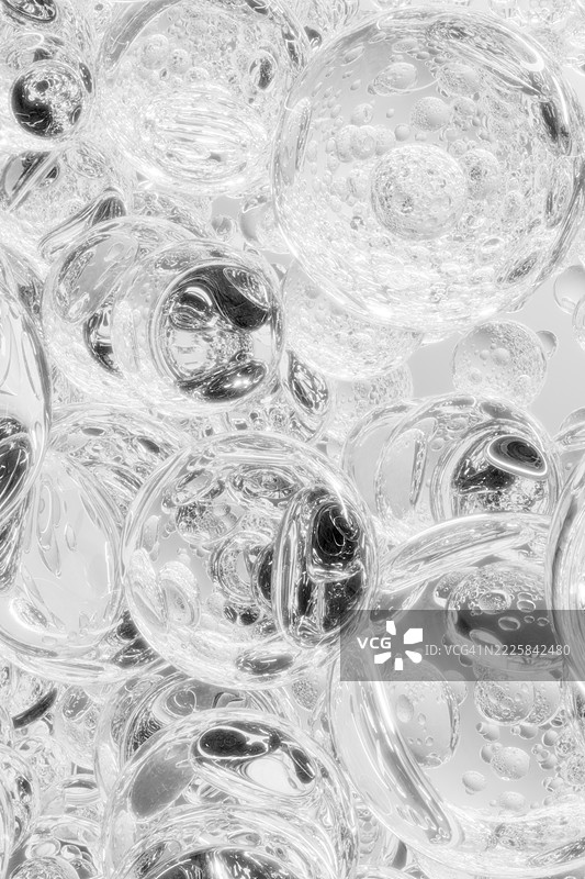 玻璃单色白色、灰色透明的3D分子、水滴、圆圈、球体。抽象液体气泡图案。美丽的垂直背景。医疗与健康。特写。设计元素。图片素材