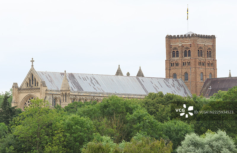 圣奥尔本斯大教堂的风景照片，屋顶上栖息着一只游隼（Falco peregrinus）。图片素材