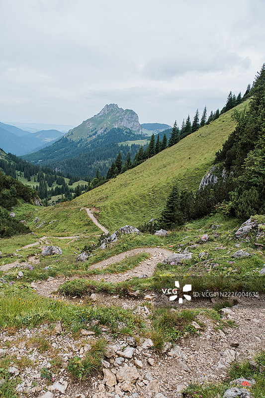 巴伐利亚山区的风景画，带有一条徒步小径图片素材