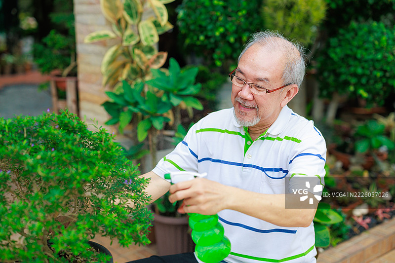 一位亚洲老年男性在退休后,在家中花园里享受照料树木的时光,通过园艺活动展现了户外休闲的美好、健康老龄化以及长者福祉与自然的联系。图片素材