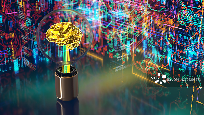 人工智能。数字概念 - 创新与新技术。创意灯泡内含大脑。图片素材