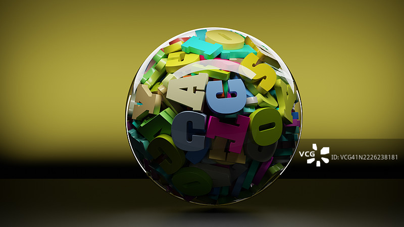 透明玻璃球内装满五彩缤纷的3D字母图片素材