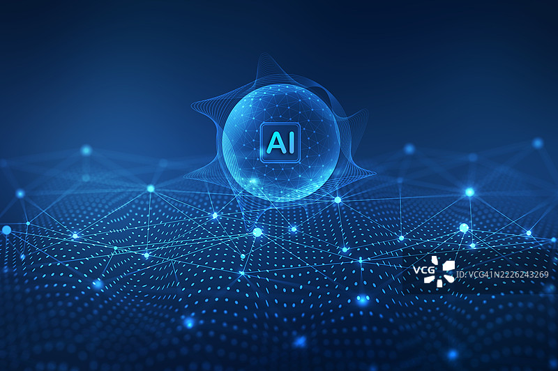 人工智能（AI）概念，带有发光的数字球体和未来主义的数据网络网格，代表现代技术中的机器学习、大数据处理和先进的神经网络。图片素材