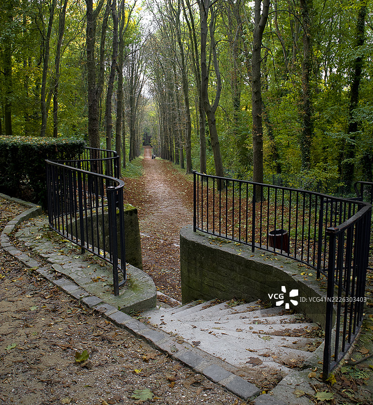 位于塞索城堡公园的楼梯，周围环绕着高大的树木，旁边有一条散步道。距离巴黎6英里。图片素材