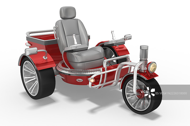 红色、灰色的3D电动自行车、电动三轮车、电动摩托车、电动滑板车，带有货物篮，背景为白色，裁剪过。图片素材