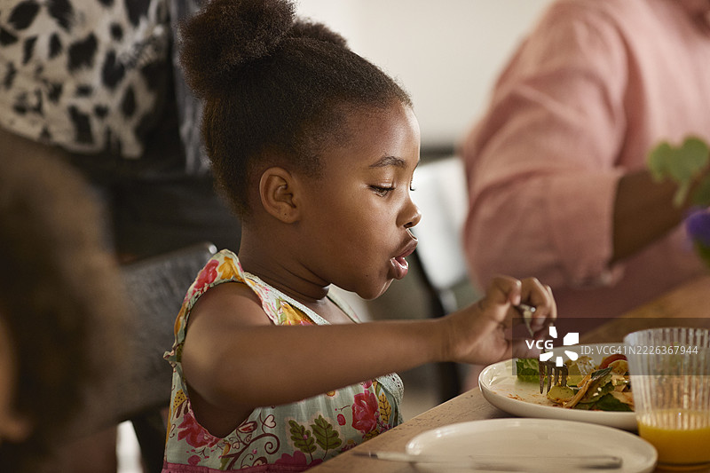 扎着辫子的女孩在家庭晚餐中吃东西图片素材