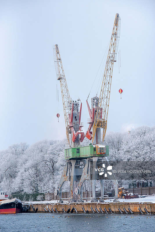 两座大型工业港口起重机矗立在雪覆盖的码头，背景是结霜的树木，拉脱维亚。图片素材