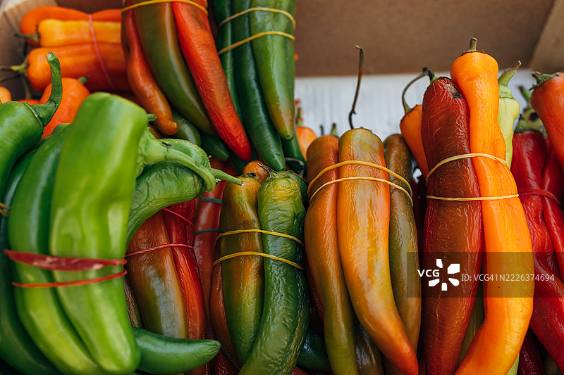 苏格兰帽辣椒以其强烈的辣味而闻名，展示在一个篮子里，展现出鲜艳的红色和黄色。图片素材