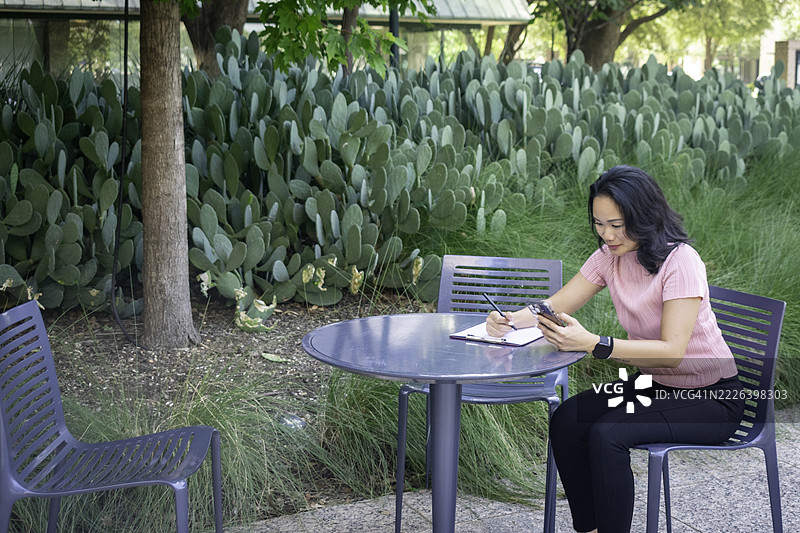 女商人在企业区户外远程工作图片素材