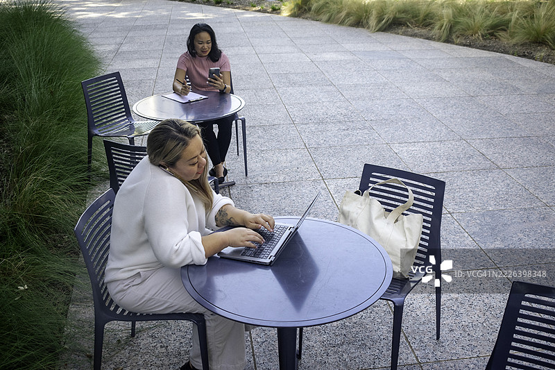 商务女性在户外远程工作，使用笔记本电脑、文件夹、钢笔和手机。图片素材