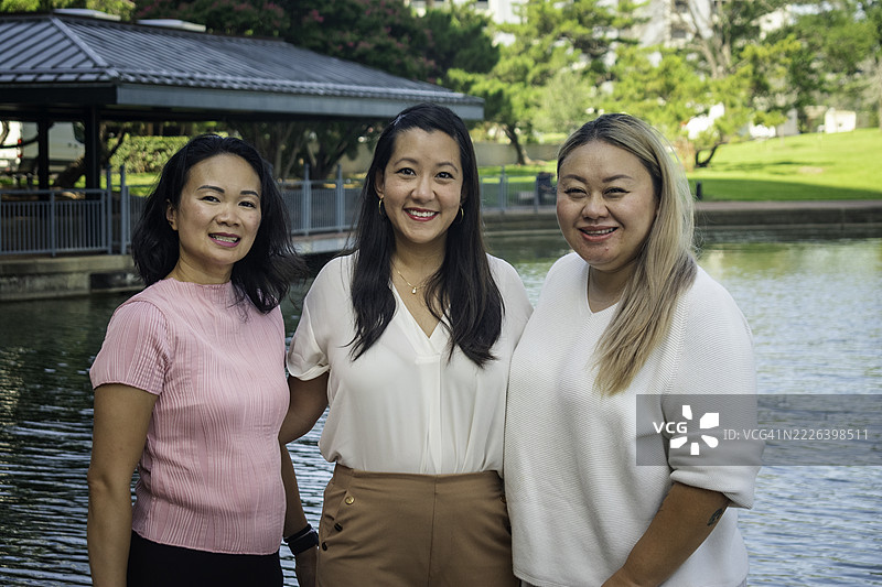 三位同事在商业区休息时摆姿势拍摄肖像照图片素材