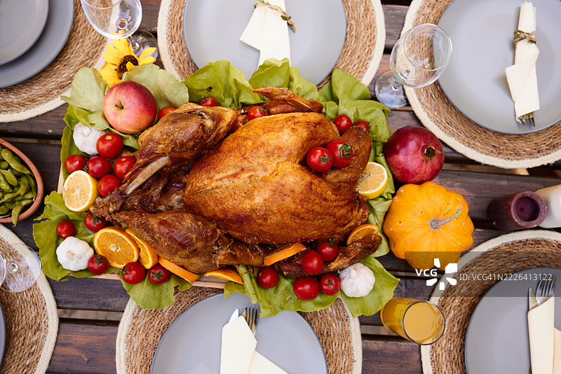 感恩节餐桌上的烤火鸡特写。图片素材