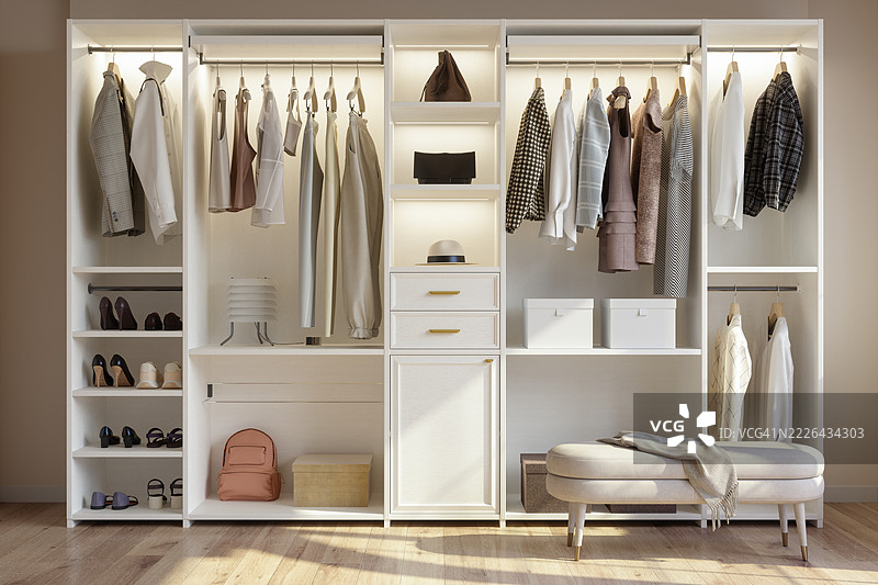 现代更衣室的衣柜正面，里面有鞋子、包包和挂着的衣物。图片素材