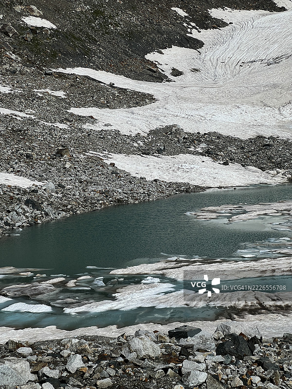 雪覆盖的冰川湖泊在崎岖山地的美丽景观图片素材