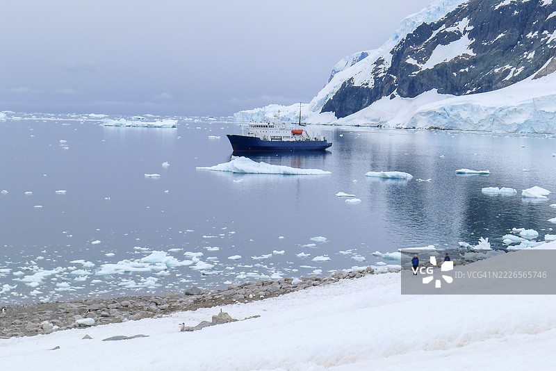 两个人在远处站在水边，眺望着南极湾，港口停着一艘破冰船。图片素材