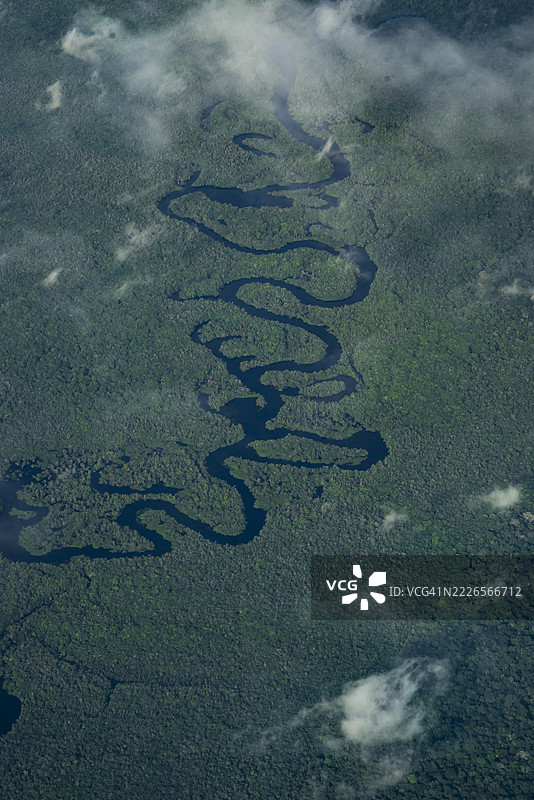 贾乌国家公园的贾乌河及周围亚马逊雨林的鸟瞰图图片素材
