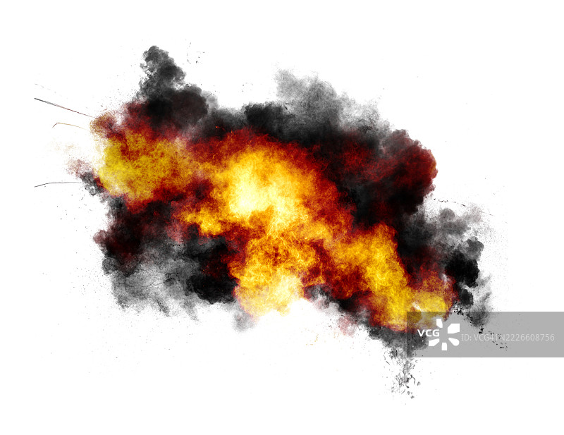 白色背景上的爆炸冲击波伴随烟雾和火焰。图片素材