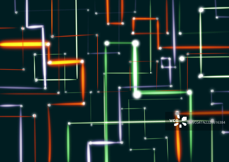 明亮的抽象线条和点在黑色背景上形成发光的数字网络。代表数据传输、神经连接、互联网或未来科技。图片素材