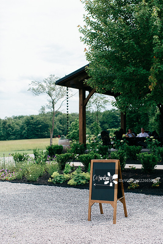 带有仪式字样的黑板标志，箭头指示客人前往的方向图片素材