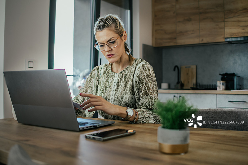 金发女子戴着眼镜，在现代公寓使用笔记本电脑通过银行信用卡进行在线购物、为家人购买礼物和支付账单。图片素材