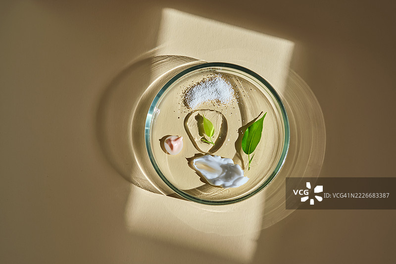 各种化妆品在米色背景的培养皿中图片素材