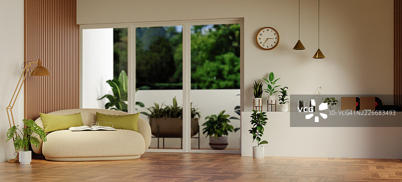 可持续的放松区域，配有宁静的色彩和充足的自然光图片素材