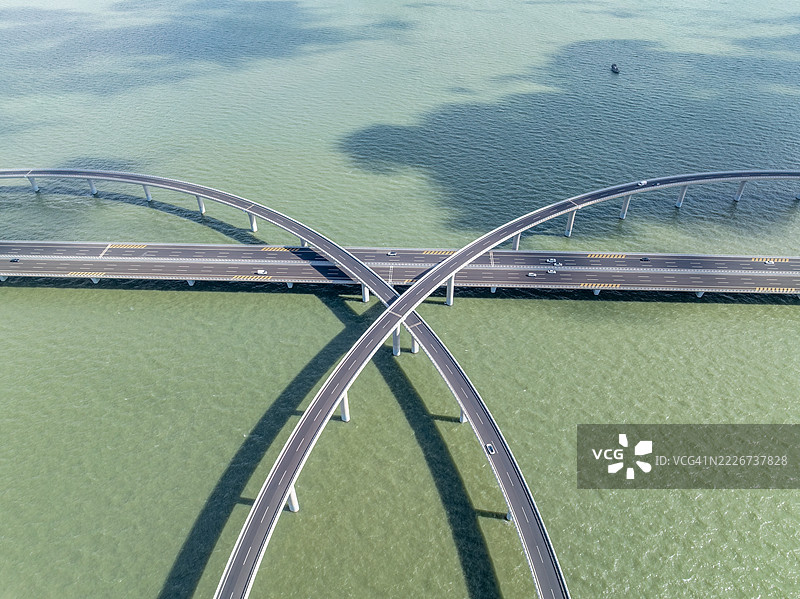 中国山东省青岛胶州湾大桥的无人机航拍视角图片素材