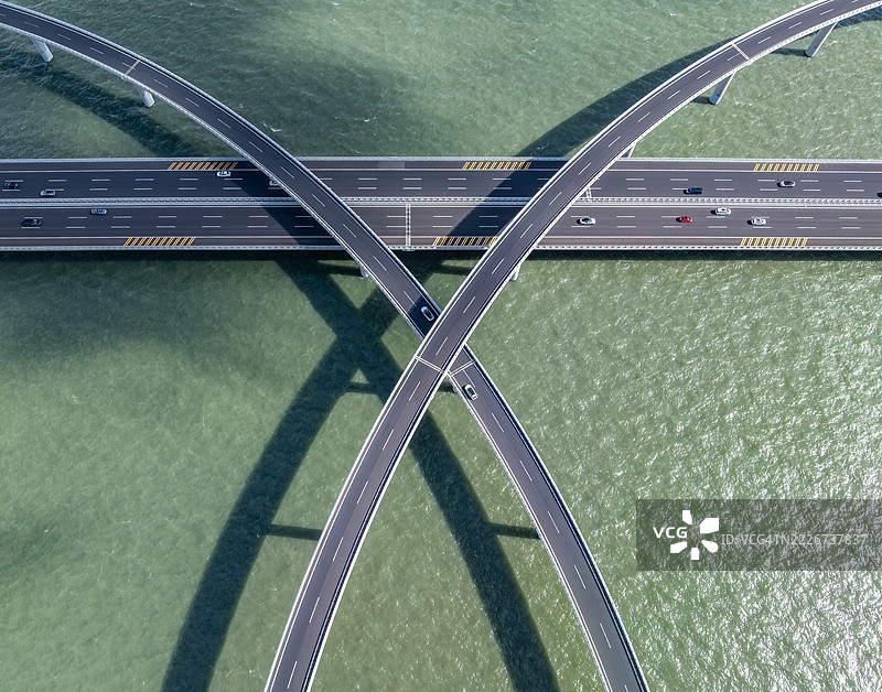 中国山东省青岛胶州湾大桥的无人机航拍视角图片素材