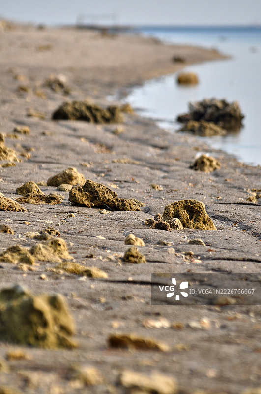 在退潮时的沙滩上，右侧是水边，沙子上有图案，散落着岩石。图片素材